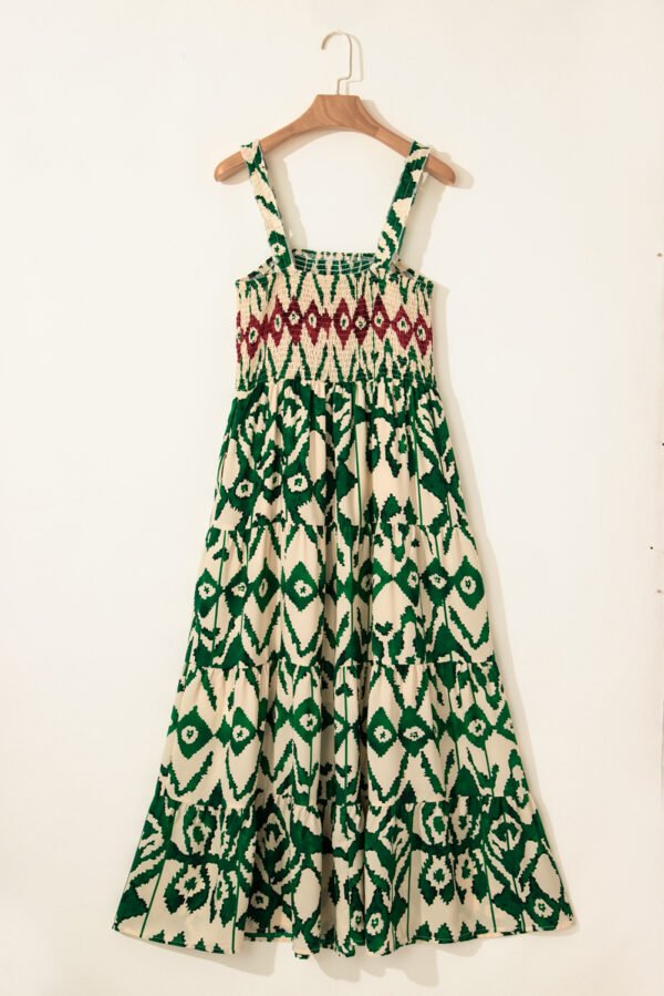 Green Western Aztec Shirred A-line Sleeveless Maxi Dress