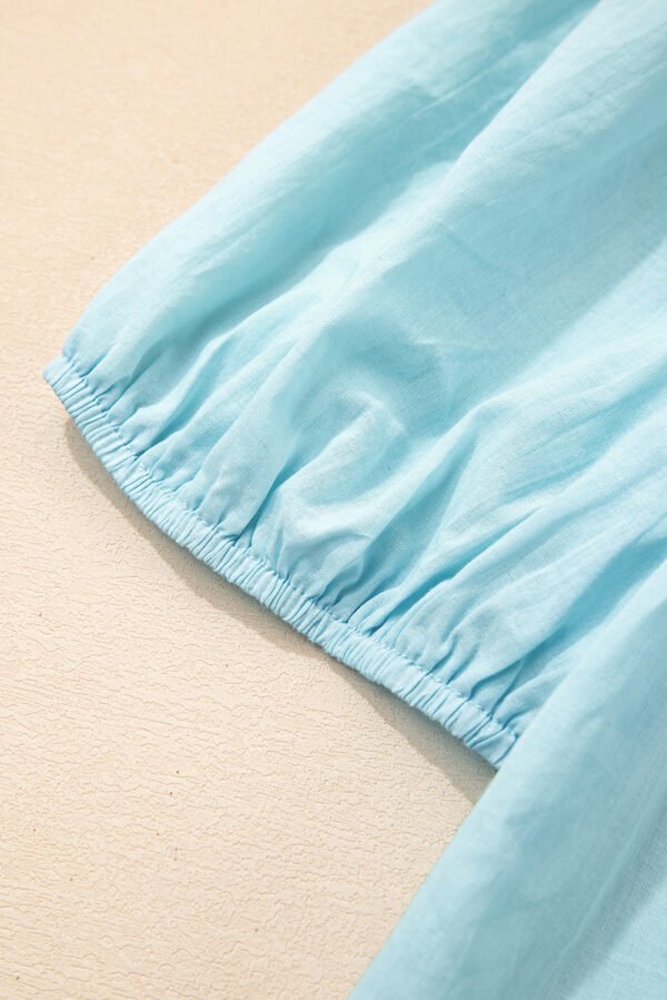 Mist Blue Embroidered Lace Patchwork Tie Neck Puff Short Sleeve Blouse