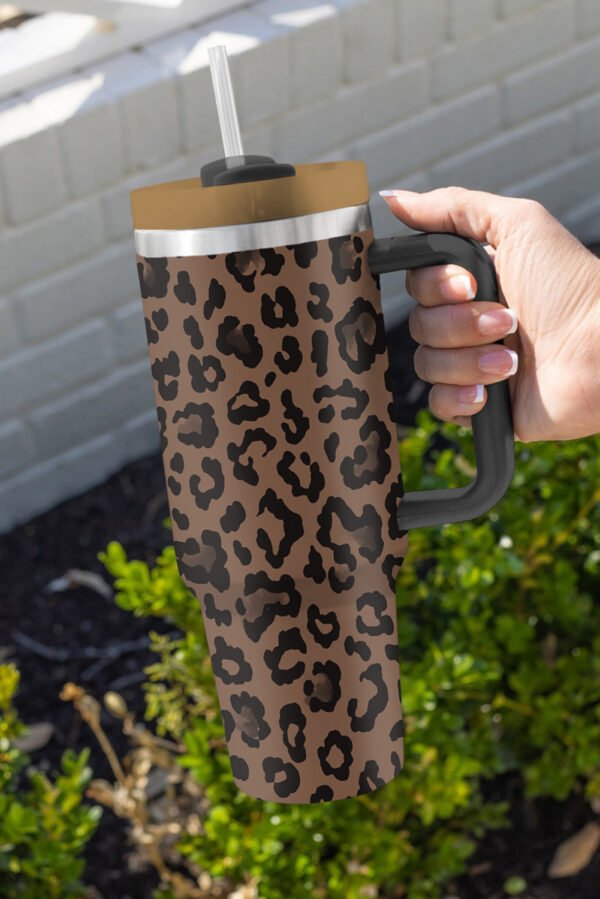 Coffee Leopard Print Handle Stainless Steel Large Vacuum Cup 40oz