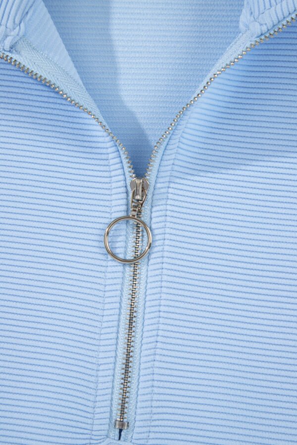 Beau Blue Ribbed Texture Half Zip Ruffled Short Sleeve Top and Shorts Set