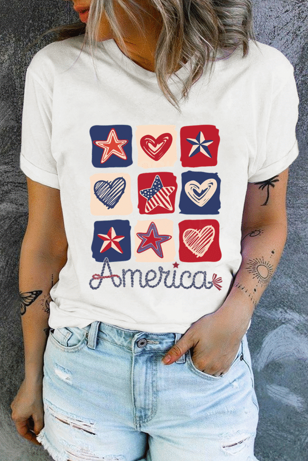White American Heart Star Checkered Graphic Tee