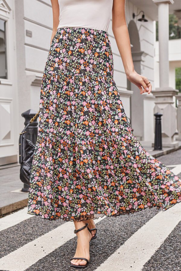 Brown Leopard Floral Reversible Ruffle Hem Maxi Skirt