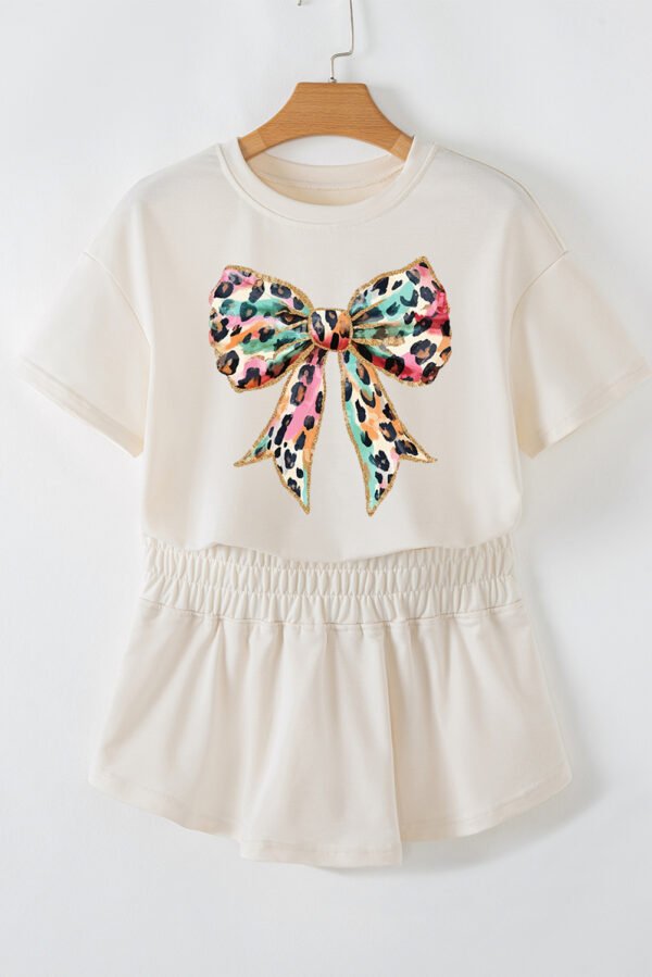 Beige Bold Leopard Bow Print Loose Tee and Skort 2pcs Set