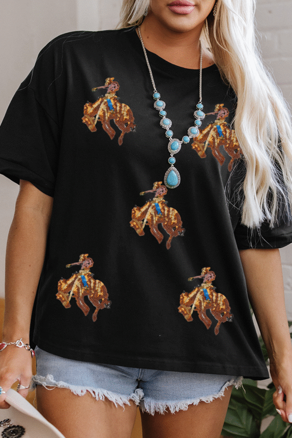 Black Western Horse Patched Crew Neck Graphic T Shirt