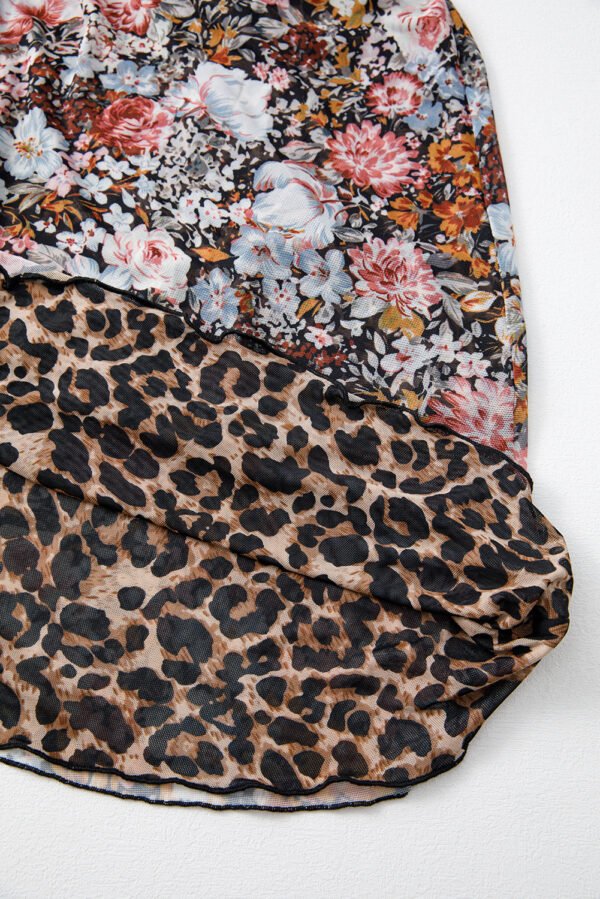 Brown Mesh Leopard Floral Reversible V Neck Short Sleeve Dress