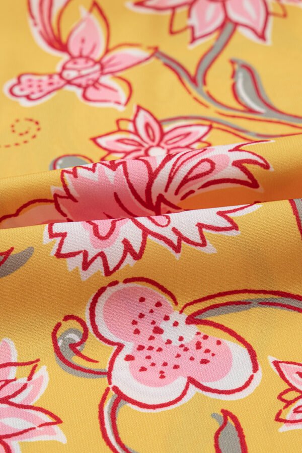 Yellow Floral Notched Neck Ruffled Sleeve Casual Blouse