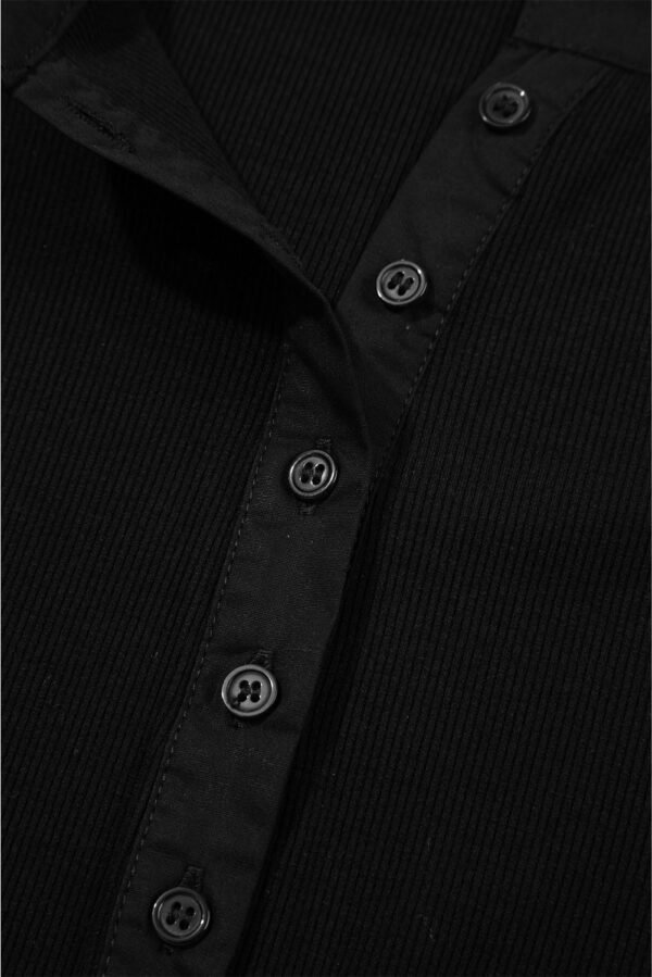 Black Ribbed Patchwork Puff Sleeve Half Button Placket Slim Fit Top