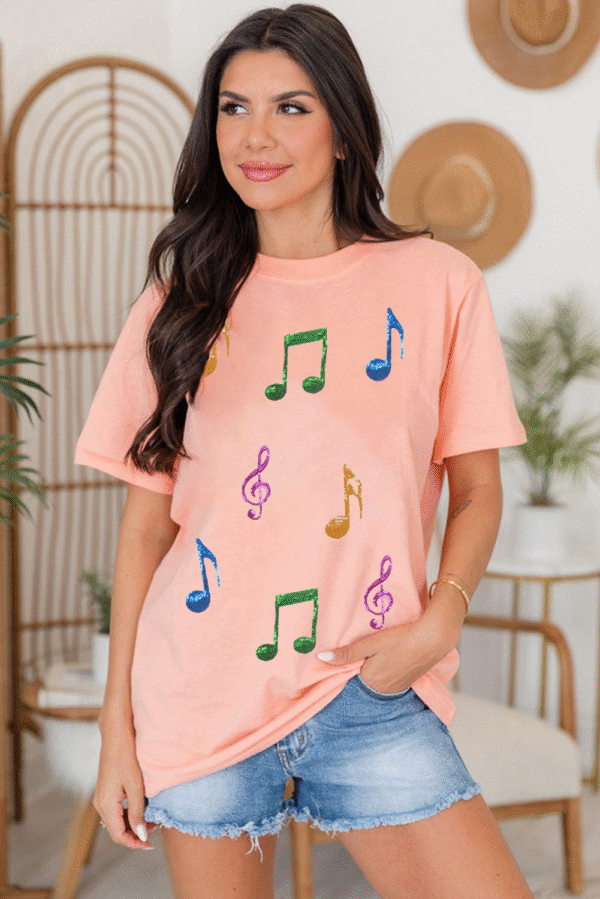 Pink Music Notes Patched Graphic Casual T Shirt