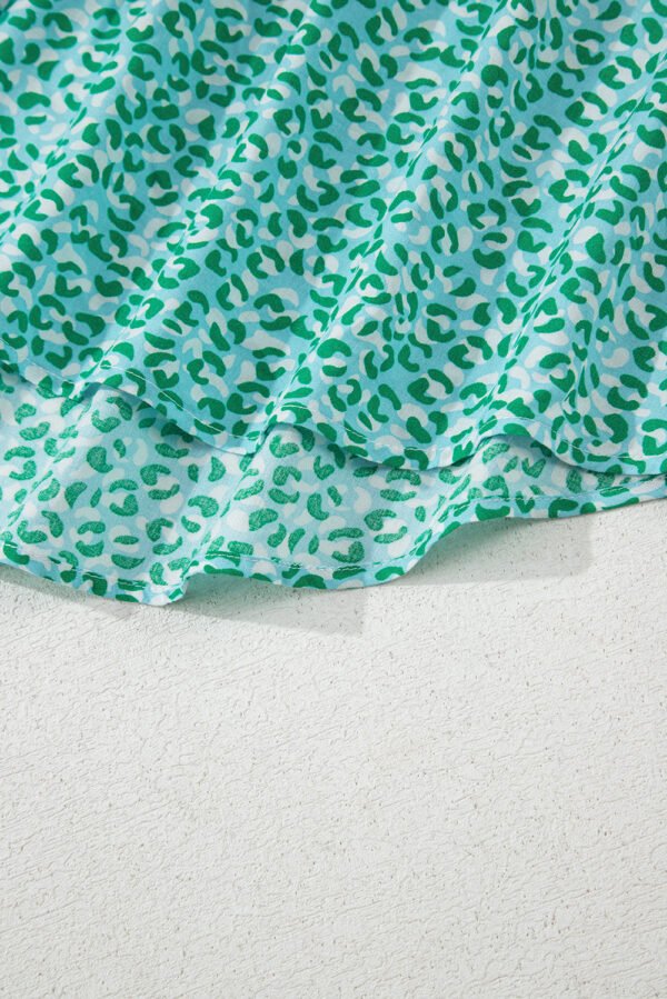 Green Notched V Neck Leopard Ruffle Short Sleeve Blouse