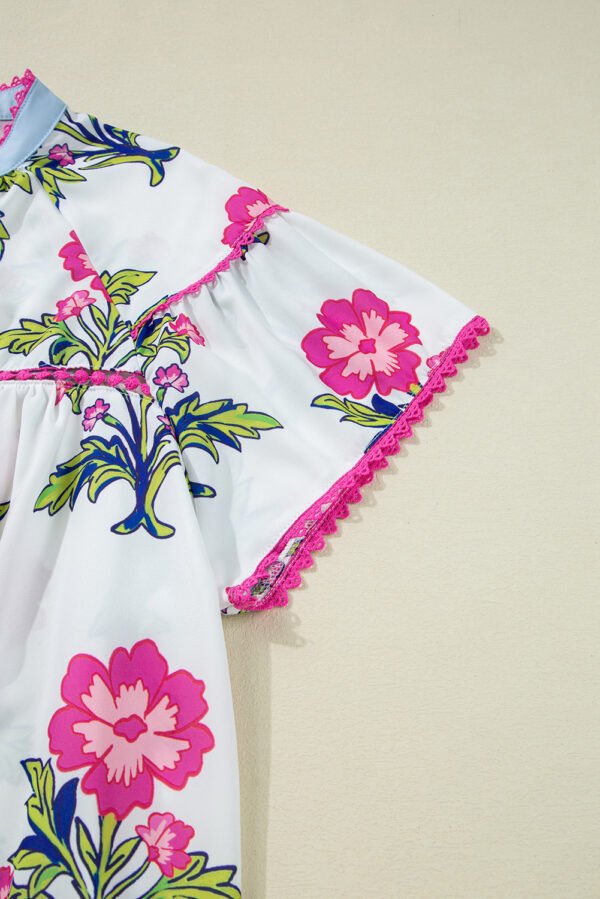 Rose Vintage Floral Print Contrast Notched V Neck Plus Size Summer Blouse