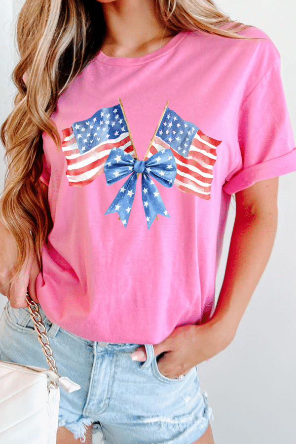 Sachet Pink Dual American Flag Bow Printed Casual T Shirt