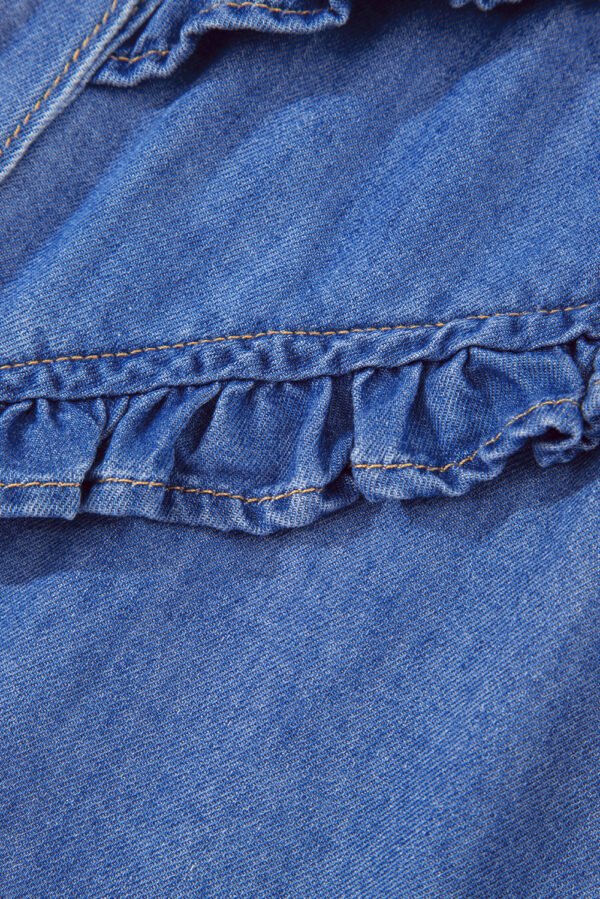 Sky Blue Mineral Wash Frilled Button Up Denim Shirt