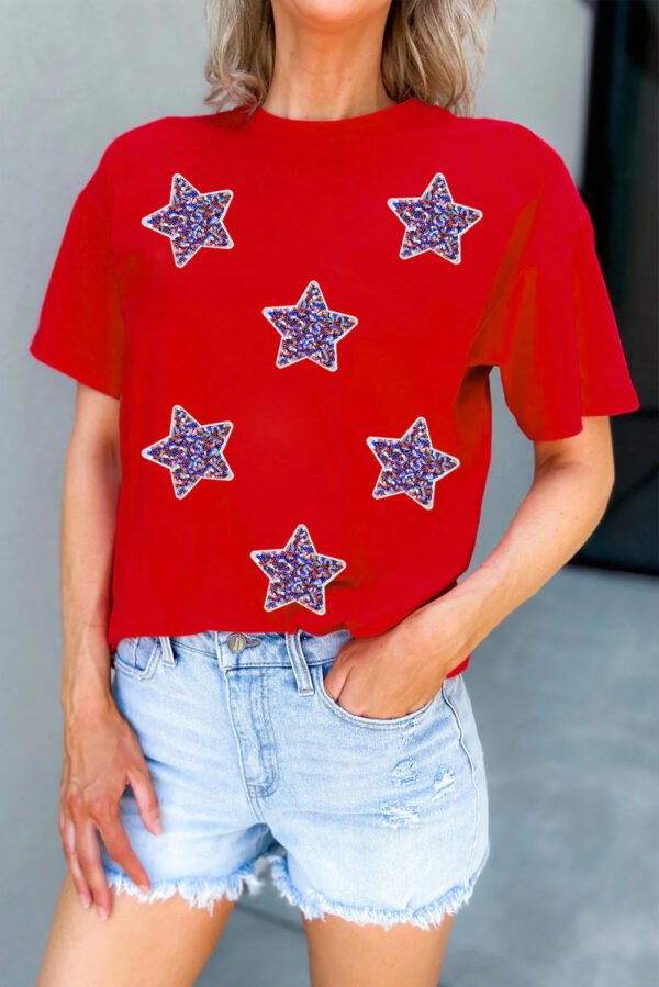 Red July 4th Fashion Sequin Star Graphic T Shirt