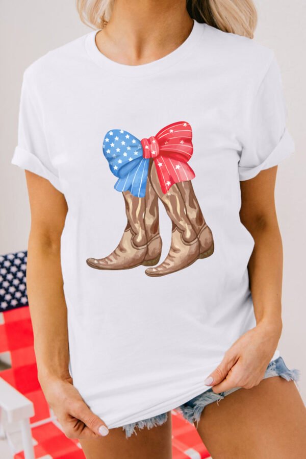 White Patriotic Bow Cowgirl Boots Printed Cotton Blend T Shirt