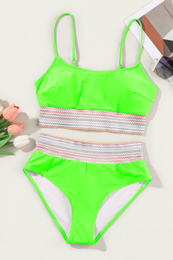 Green Striped Patchwork Spaghetti Strap High Waist Bikini Swimsuit