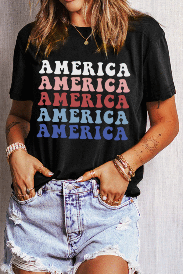 Black Colorful AMERICA Print Crewneck Patriotic T Shirt
