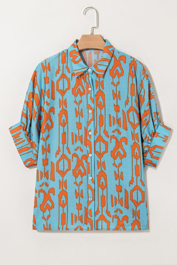 Sky Blue Abstract Print Dolman Short Sleeve Western Loose Shirt