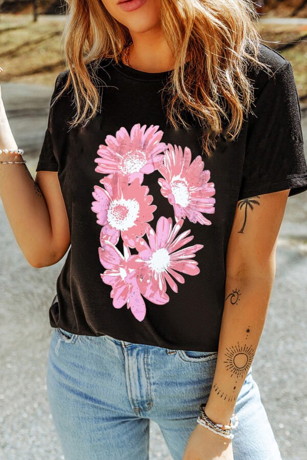 Black Pink Daisy Flower Printed Cotton Blend T Shirt