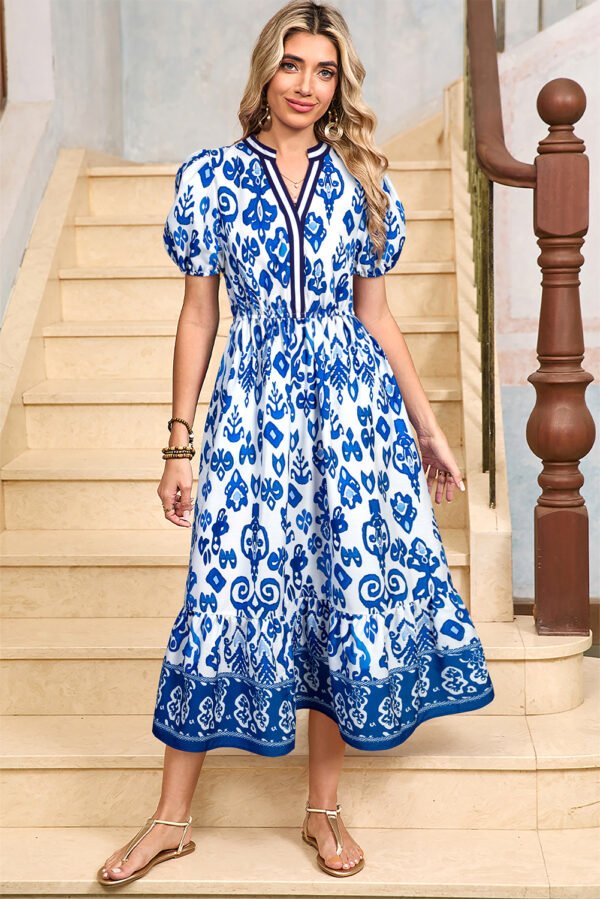 Blue Floral Puff Short Sleeve V Neck High Waist Maxi Dress