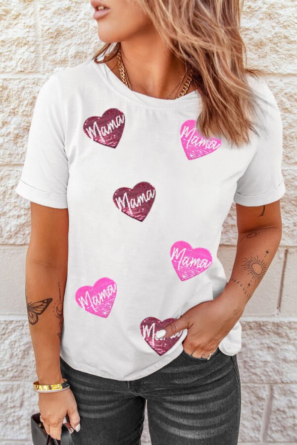 White mama Heart Shape Sequin Patched Crew Neck T Shirt