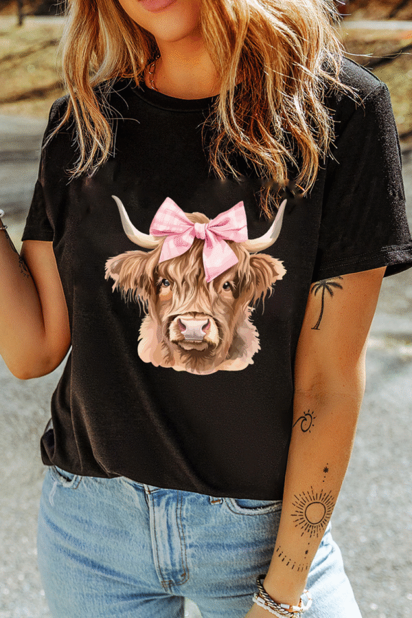 Black Bow Cow Head Graphic Western Fashion T Shirt