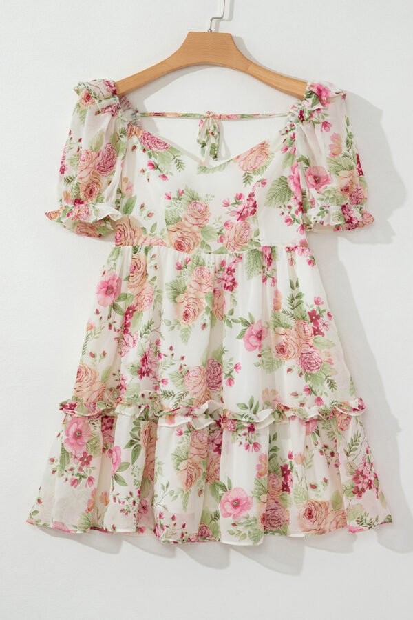 White Vibrant Floral Bubble Sleeve Sweetheart Neck Ruffle Mini Dress