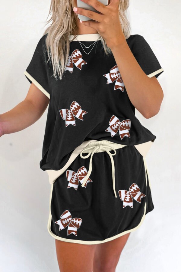 Black Sequin Rugby Football Bow Patched Colorblock Edge Tee and Skort Set