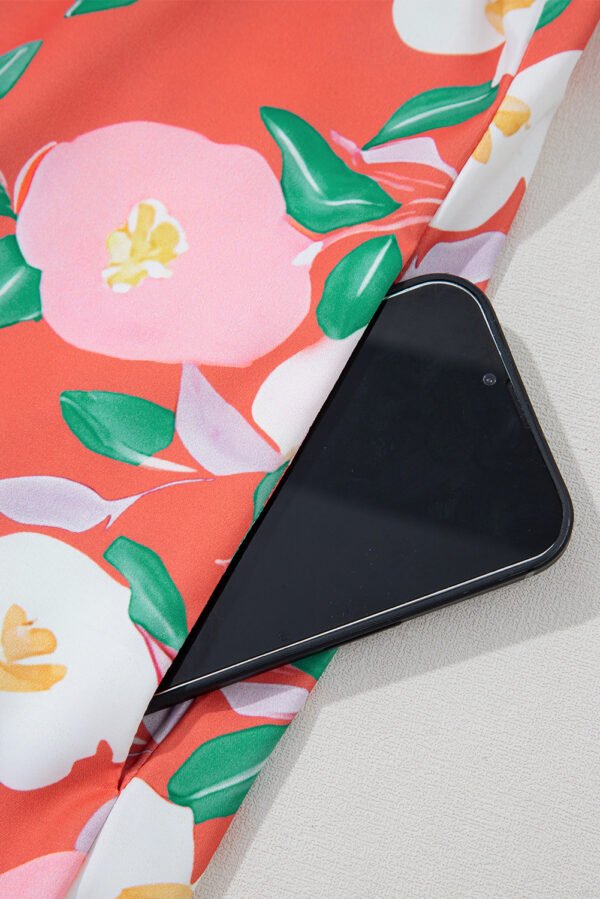 Fresh Salmon Floral Print Contrast Striped Trim Polo Collar T Shirt Dress