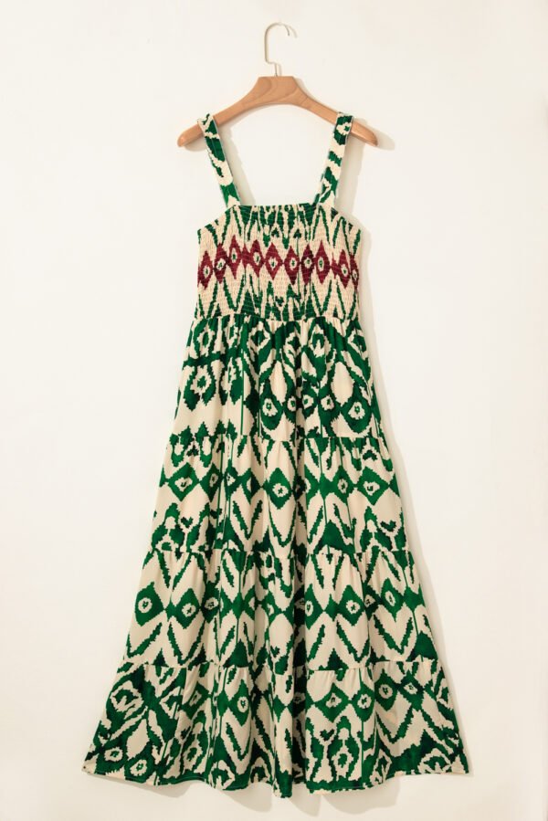 Green Western Aztec Shirred A-line Sleeveless Maxi Dress