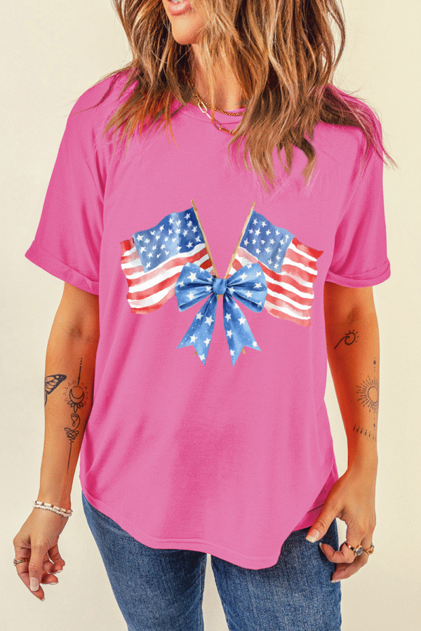 Sachet Pink Dual American Flag Bow Printed Casual T Shirt