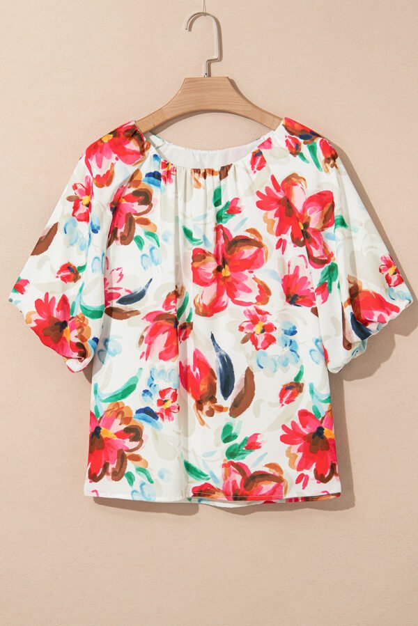 White Floral Print Puffy Half Sleeve Blouse
