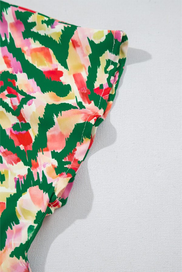 Green Abstract Print V Neck Short Sleeve Blouse