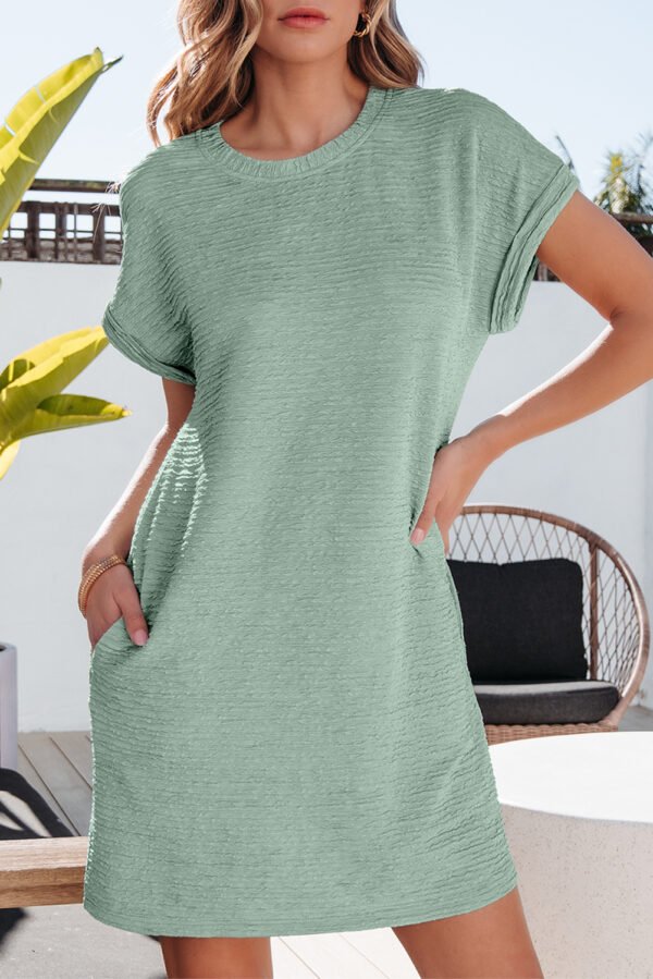 Grass Green Solid Color Textured Crinkle Short Sleeve T Shirt Dress