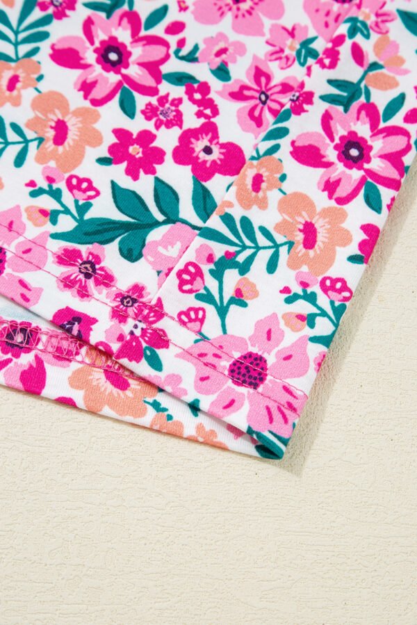 Pink Plus Size Floral Print Corded Patchwork Loose Top