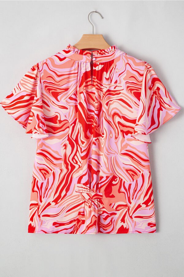 Red Abstract Print Ruffled Short Sleeve Mock Neck Blouse