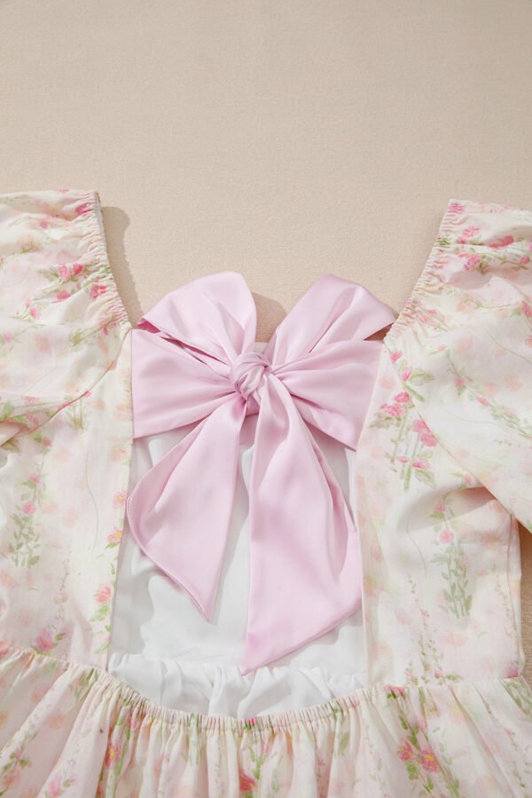 Pink Floral Puff Sleeve Square Neck Knotted Open Back Ruffled Mini Dress