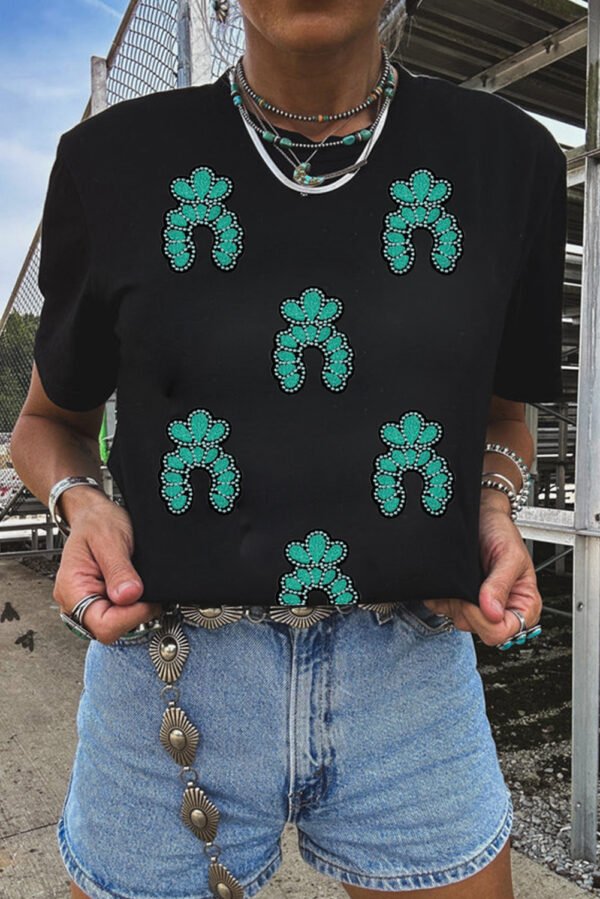 Black Western Turquoise Pattern Sequin Patched T Shirt