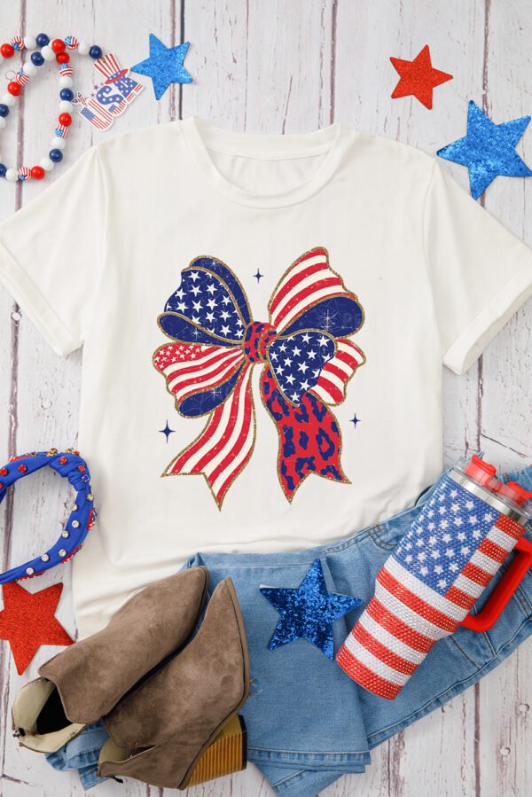 White Stars and Stripes Bow Print 4th of July T Shirt