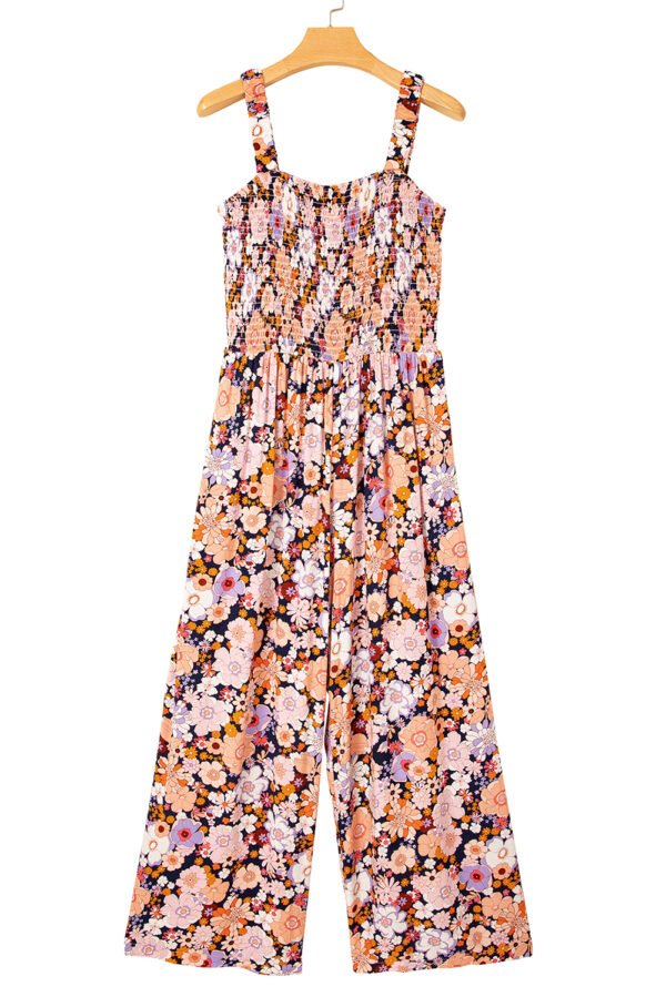 Black Floral Print Smocked High Waist Square Neck Jumpsuit