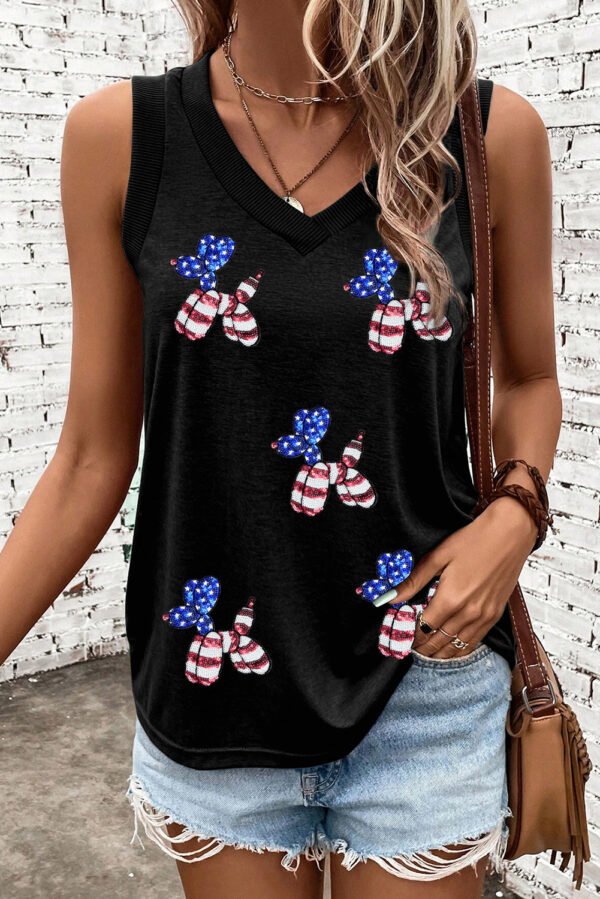 Black Flag Pattern Sequined Balloon Dog Graphic Loose Tank Top