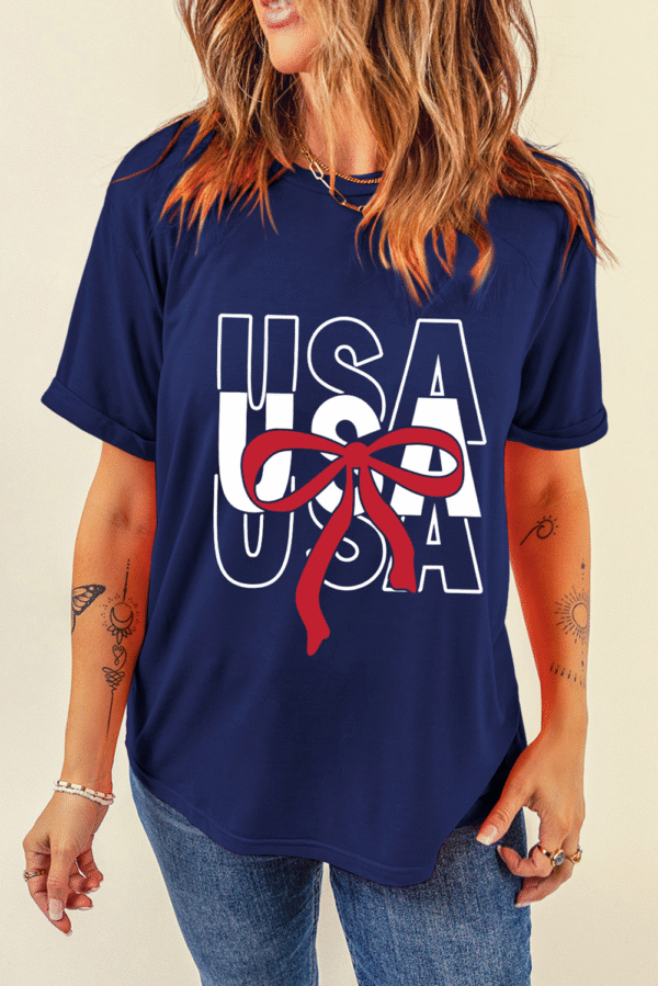 Blue USA Bow Printed Casual Cotton Blend T Shirt