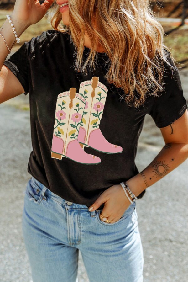 Black Floral Cowgirl Boots Cotton Blend T Shirt