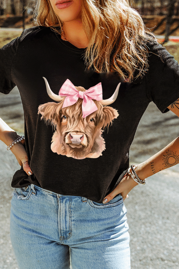 Black Bow Cow Head Graphic Western Fashion T Shirt
