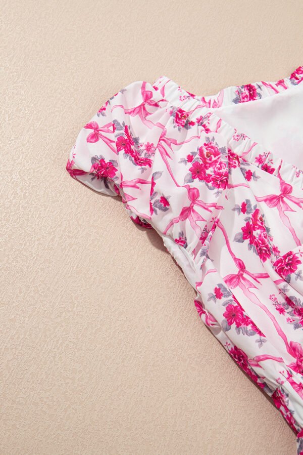 Multicolour Bow Lattice Floral Print V Neck Knot Decor Mini Dress
