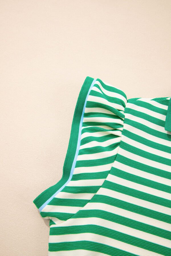 Green Stripe Print Contrast Collar Split Neck Flutter Sleeve Short Dress
