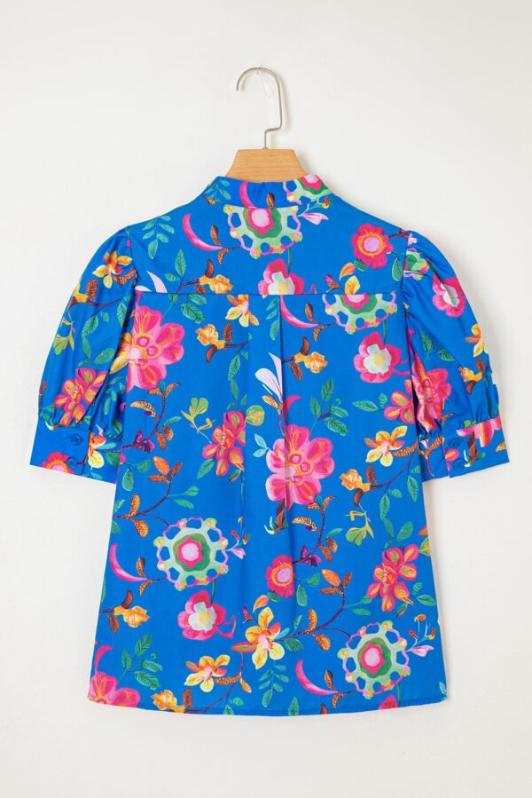 Blue Floral Short Puff Sleeve Button Up Shirt
