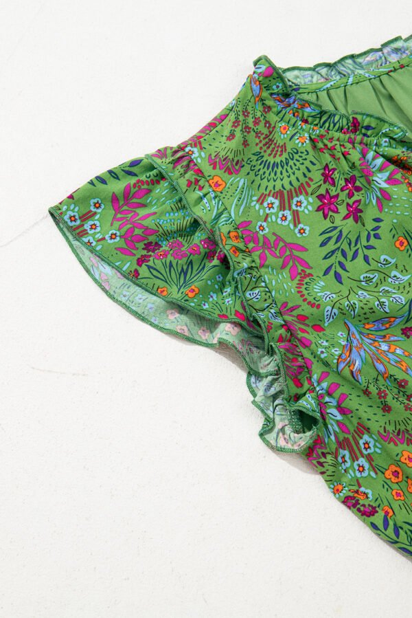 Green Floral Tie Split Neck Frilly Ruffle Trim Tiered Short Dress