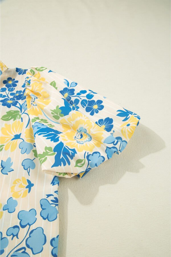 Blue Floral Striped Mixed Print Puff Short Sleeve Blouse