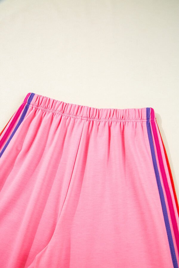 Bonbon Color Contrast Crewneck T Shirt and Wide Leg High Waist Pants Set