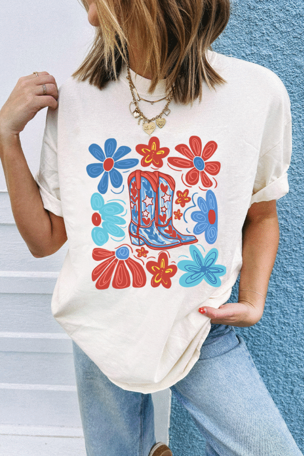 White Floral Cowgirl Boots Print Independence Day T Shirt